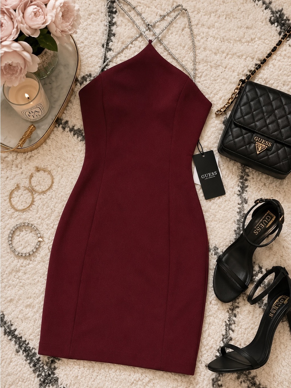GUESS Red Noir Crystal Strap Halter Neck Bodycon Mini Dress NWT 0 Nightlife